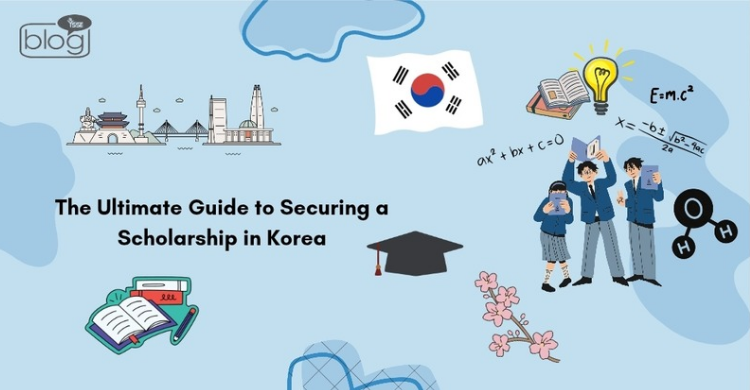 Illustration of students holding books under a Korean flag, surrounded by educational symbols like formulas and a graduation cap. Text: "The Ultimate Guide to Securing a Scholarship in Korea." Background includes Korean skyline, clouds, and cherry blossoms, conveying knowledge and academic achievement.