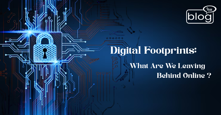 Digital image with a glowing lock and circuit lines on the left, symbolizing cybersecurity. Text on the right asks, "Digital Footprints: What Are We Leaving Behind Online?" The tone is informative and secure.