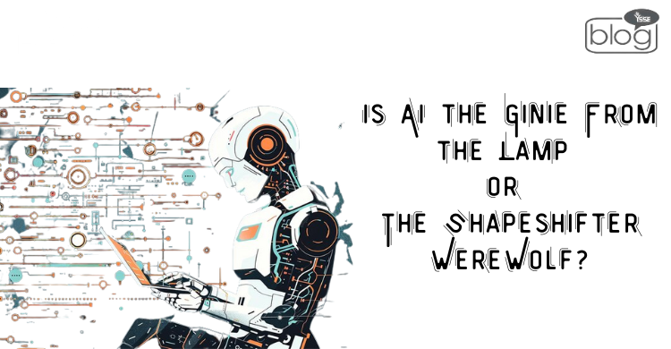 Robot working on laptop amidst complex circuit background, symbolizing AI. Bold text questions AI's nature as helpful or dangerous. Tone is futuristic.