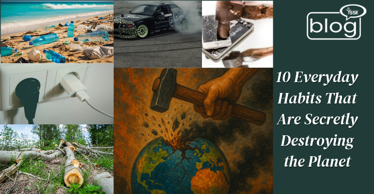 Collage illustrating environmental damage: littered beach, drifting car, smashed phone, plugged socket, felled trees, Earth hit by hammer; blog title on side.