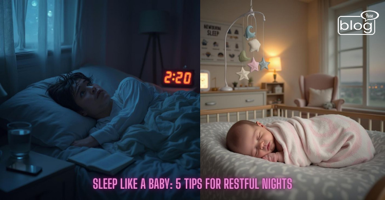 Left side shows a person awake in bed at 2:20 AM, looking restless. Right side shows a peacefully sleeping baby in a crib. Text reads, "Sleep Like a Baby: 5 Tips for Restful Nights."