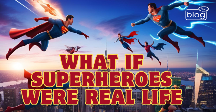 Superheroes flying over a city skyline at sunset. Bold text reads, “WHAT IF SUPERHEROES WERE REAL LIFE.” Energetic and imaginative atmosphere.
