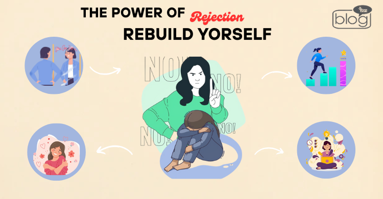 "Infographic titled 'The Power of Rejection: Rebuild Yourself' with a central image of a person crouching in despair. Surrounding icons show stages of recovery: rejecting negativity, embracing self-love, achieving goals, and finding peace, all connected by arrows."