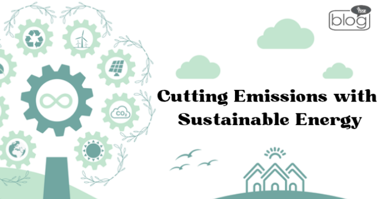 A green infographic depicting renewable energy icons like wind turbines and solar panels within gear shapes. Text reads "Cutting Emissions with Sustainable Energy."