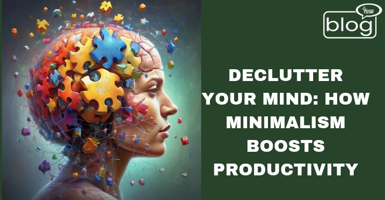 A human head with colorful puzzle pieces, symbolizing a brain, surrounded by floating pieces. Text reads "Declutter Your Mind: How Minimalism Boosts Productivity."