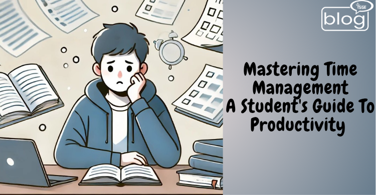 Illustration of a stressed student, surrounded by flying papers and books, sitting at a desk with a laptop. Text reads: "Mastering Time Management: A Student’s Guide to Productivity".