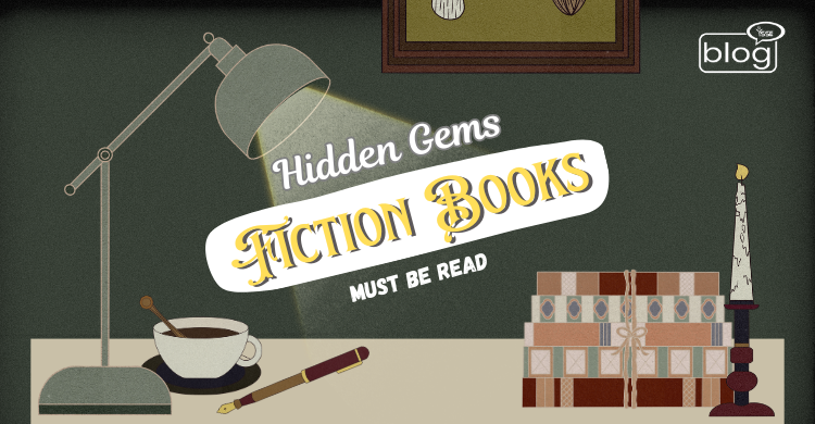 Alt text: "Cozy study setting with a lamp illuminating a teacup, pen, and books. Text reads 'Hidden Gems: Fiction Books Must Be Read' in decorative font."