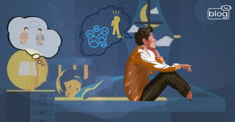 Illustration of a man sitting on a bed, looking thoughtful with a night sky background. Thought bubbles show two people talking and confused people with question marks, indicating contemplation or decision-making.