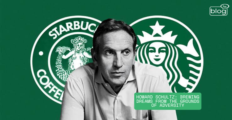 A thoughtful man sits in front of two Starbucks logos on a green background. The image includes the text "Howard Schultz: Brewing Dreams from the Grounds of Adversity."
